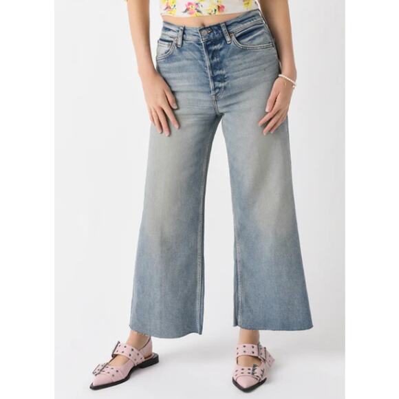 REDONE WOMENS SIZE 30 HIGH RISE WIDE LEG CROP RAW HEM BELLA ROSA BLUE NEW - Picture 1 of 14